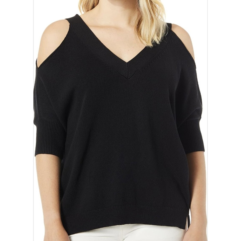 TRINA TURK pima cotton black knit open shoulder dolman sleeve top sweater Size P
